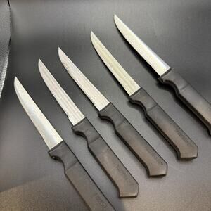 5 Vintage Farberware Stainless Steak Knives Serrated Edge